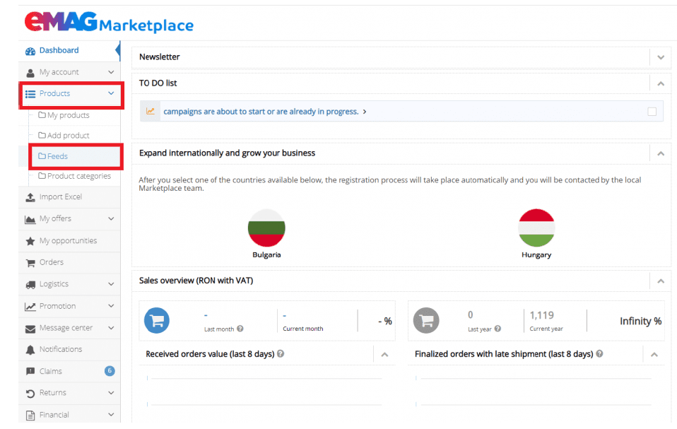 Dashboard eMAG Marketplace se zvýrazněnou sekcí Products a Feeds v levém menu