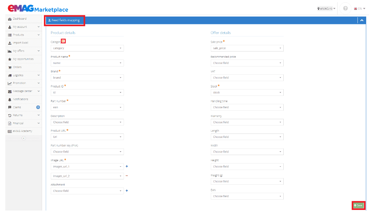 Mapování polí feedu v eMAG Marketplace s přiřazením produktových a nabídkových atributů