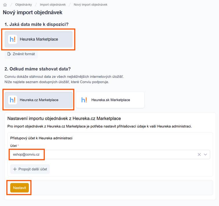 Nový import objednávek v Conviu s výběrem formátu Heureka Marketplace a vyplněním přístupového účtu eshop@conviu.cz.