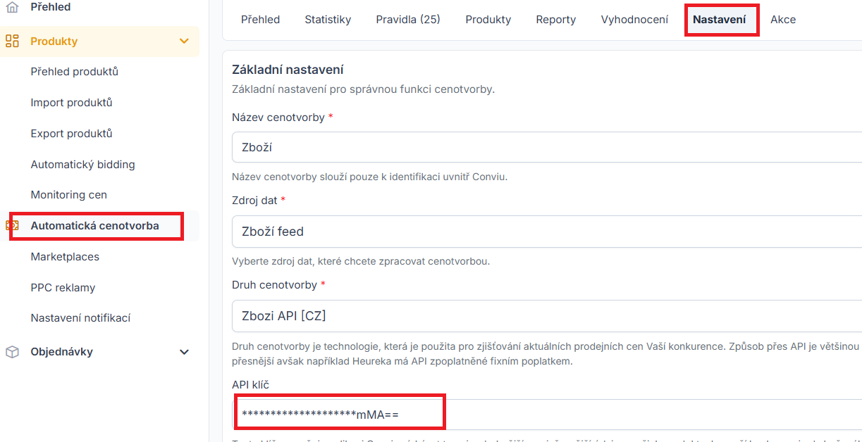 Screenshot sekce Automatická cenotvorba v aplikaci Conviu – základní nastavení cenotvorby se zdrojem dat Zboží feed a polem pro API klíč.