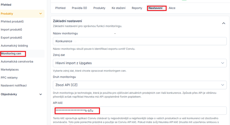Nastavení monitoringu cen konkurence v Conviu se zdrojem dat z Upgates, druhem Zbozi API a zvýrazněným polem API klíč.