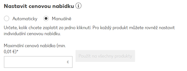 Nastavení manuální cenové nabídky v reklamním rozhraní Kaufland Marketplace s polem maximální cena za proklik a tlačítkem Použít na všechny produkty