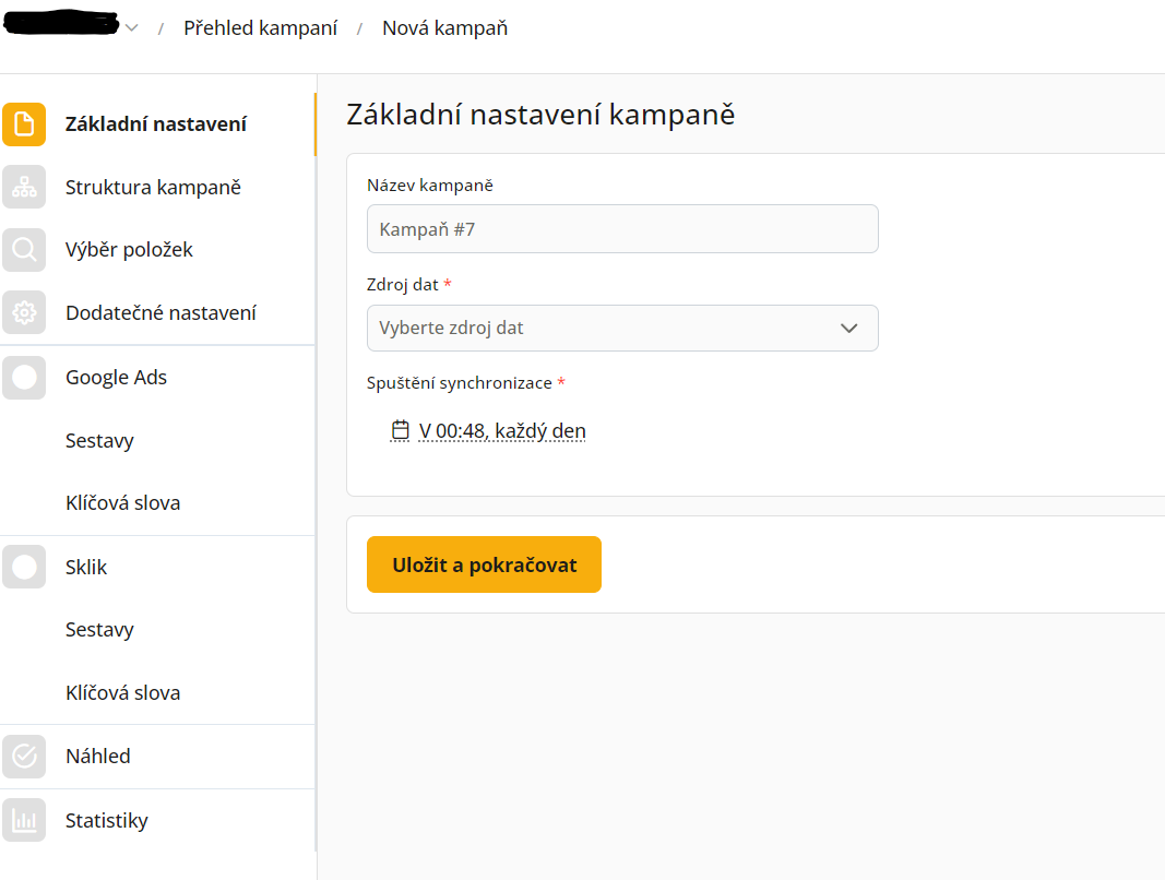 Formulář Základní nastavení nové PPC kampaně v Conviu s poli název kampaně, zdroj dat a spuštění synchronizace, vlevo menu Google Ads a Sklik.