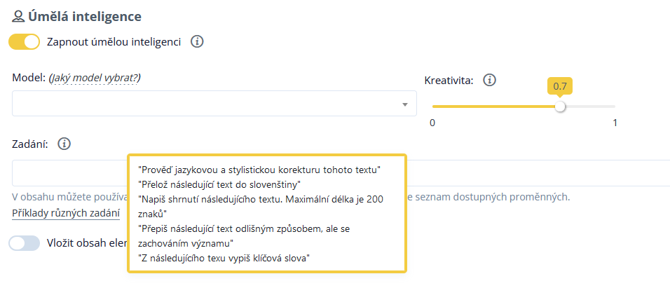Nastavení umělé inteligence v Conviu s posuvníkem kreativity 0,7 a příklady zadání pro korekturu, překlad či přepis textu.