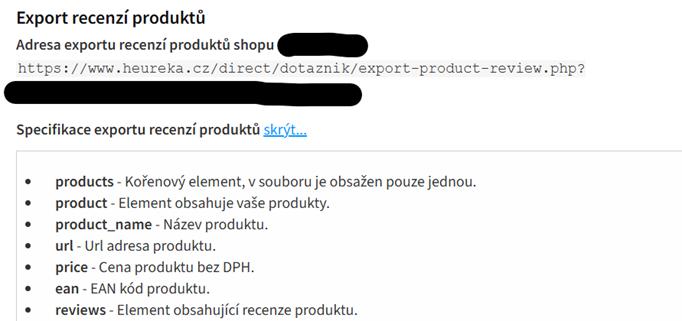 Stránka Export recenzí produktů na Heurece s adresou exportního feedu a popisem jednotlivých elementů XML.