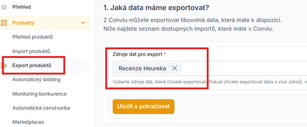 Sekce Export produktů v Conviu s vybraným zdrojem dat Recenze Heureka pro export.