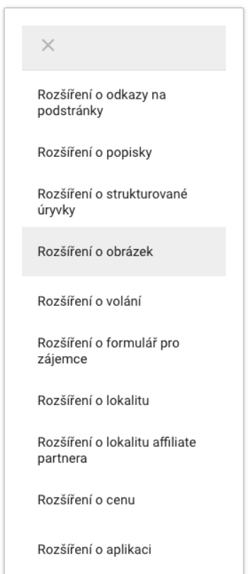 Nabídka typů rozšíření reklam v Google Ads se zvýrazněnou položkou Rozšíření o obrázek mezi popisky, odkazy a strukturovanými úryvky.