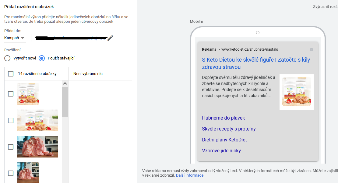 Nastavení rozšíření o obrázek v Google Ads s výběrem nahraných obrázků a mobilním náhledem reklamy KetoDiet s obrázkem produktu.