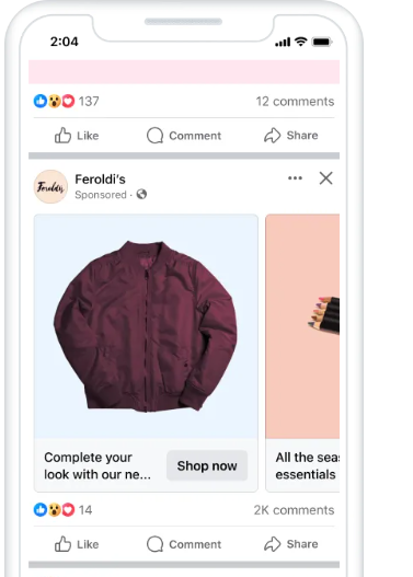 Náhled carousel reklamy Meta na mobilu – sponzorovaný příspěvek značky Feroldi's s fotkou vínové bundy a tlačítkem Shop now.
