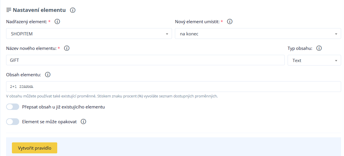 Nastavení elementu ve feedu v Conviu: do SHOPITEM se přidává nový element GIFT typu Text s obsahem 2+1 ZDARMA.