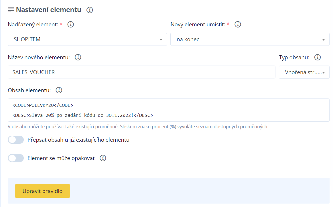 Nastavení elementu SALES_VOUCHER v Conviu s vnořeným kódem POLEVKY20 a popisem slevy 20 % do 30. 1. 2022.