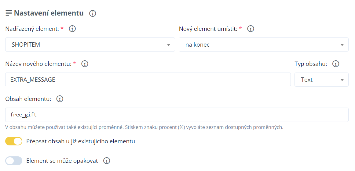 Nastavení elementu EXTRA_MESSAGE v Conviu s obsahem free_gift a zapnutým přepsáním obsahu existujícího elementu.