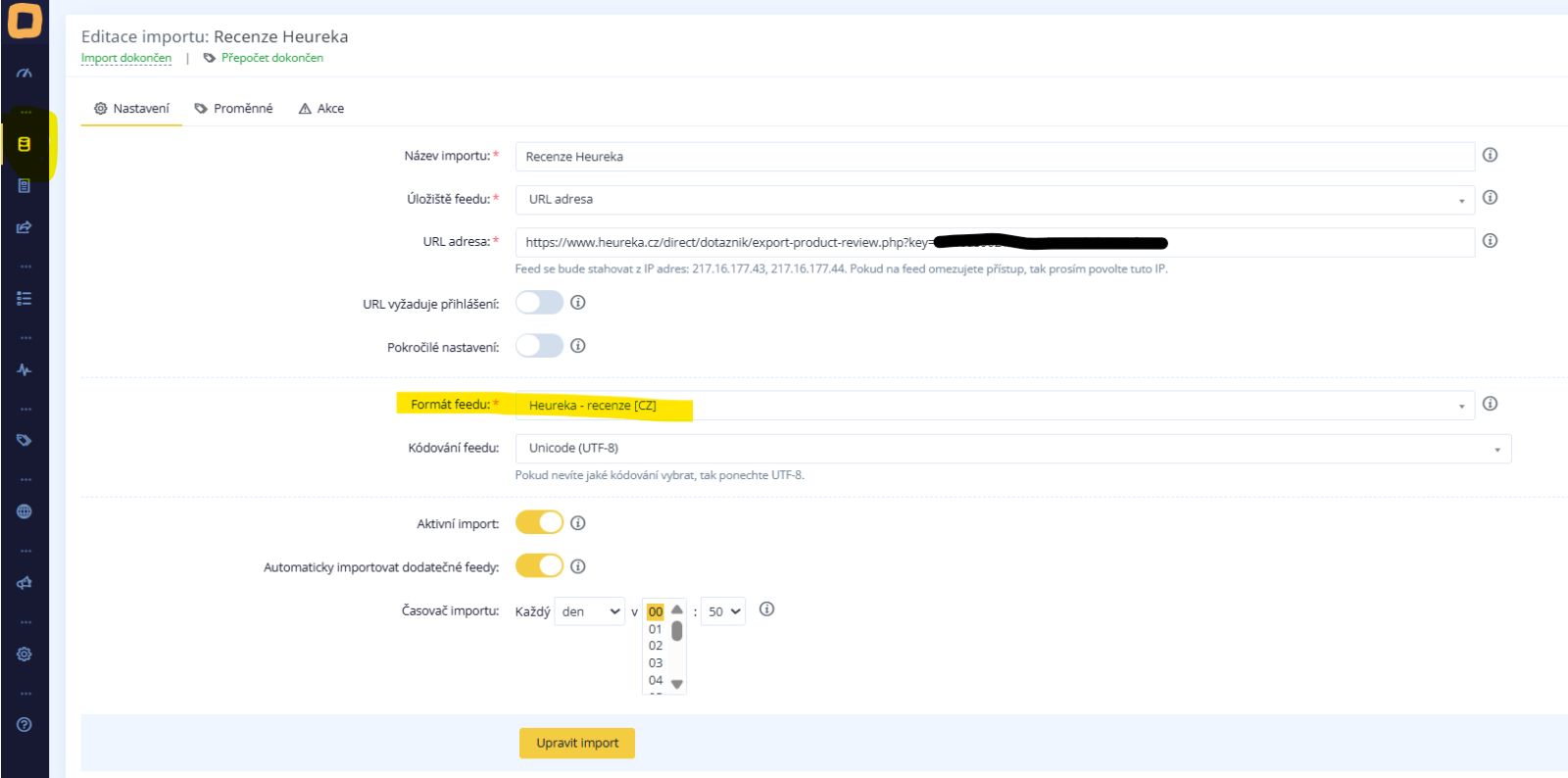 Editace importu Recenze Heureka v Conviu se zvýrazněnou URL adresou exportu a formátem feedu Heureka – recenze [CZ].