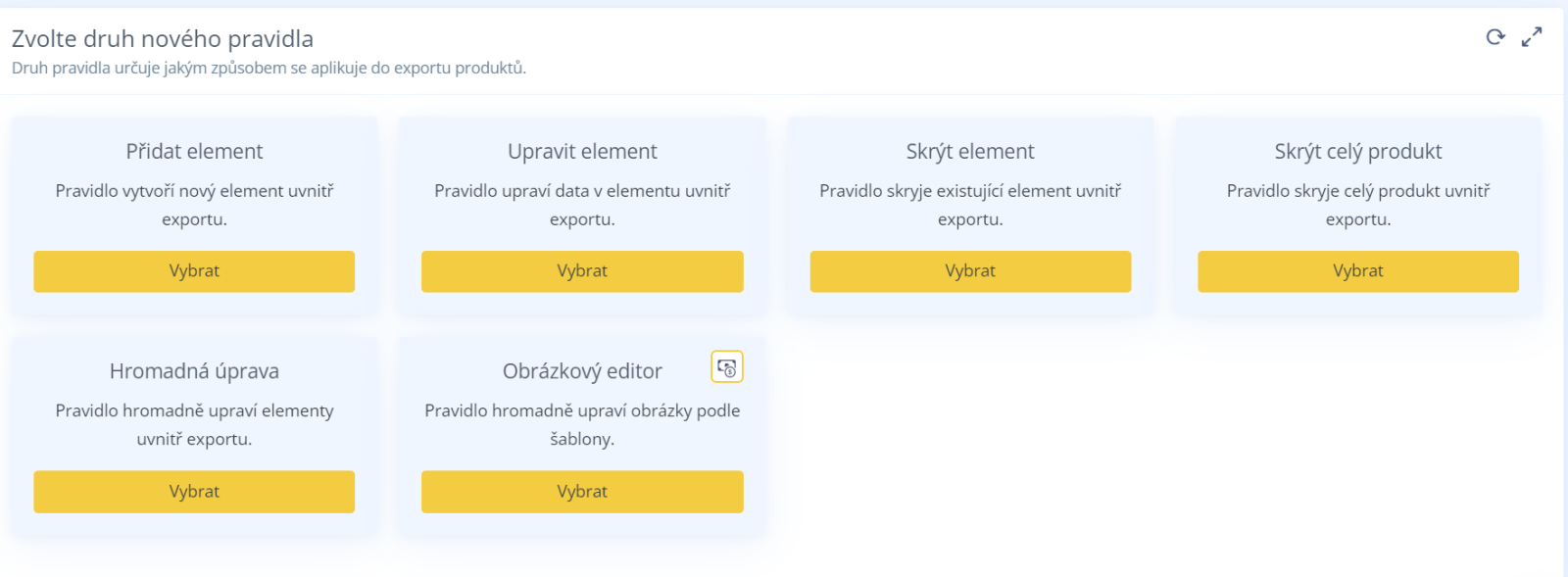 Výběr druhu nového pravidla pro export v Conviu – karty Přidat, Upravit, Skrýt element, Skrýt produkt, Hromadná úprava a Obrázkový editor.