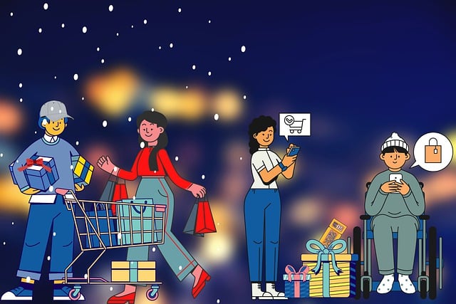 Ilustrace lidí na vánočním nákupu s nákupním vozíkem, taškami a dárky, symbolizující úspěšný e-shop