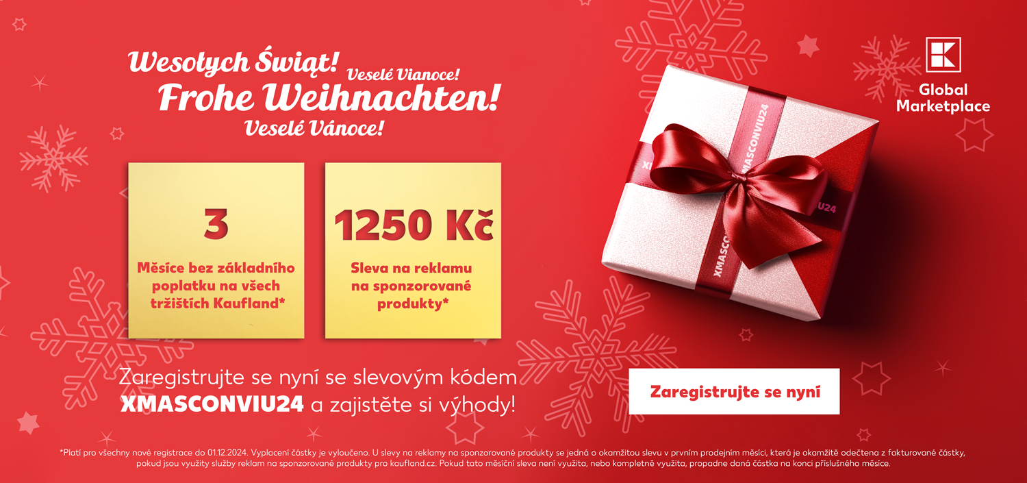 Vánoční banner Kaufland Global Marketplace nabízející 3 měsíce bez poplatku a slevu 1250 Kč s kódem XMASCONVIU24
