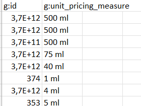 Tabulka v Excelu se sloupci g:id a g:unit_pricing_measure obsahujícími hodnoty měrné jednotky jako 500 ml, 75 ml či 1 ml.