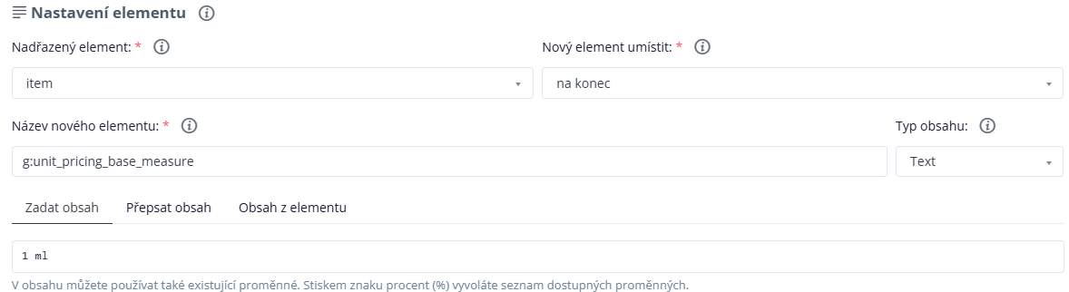 Vytvoření elementu g:unit_pricing_base_measure v Conviu s obsahem 1 ml umístěným na konec elementu item.