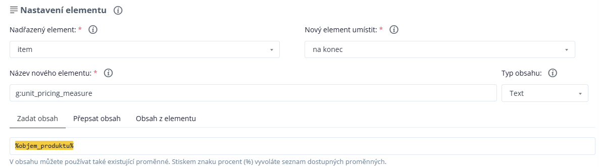 Vytvoření elementu g:unit_pricing_measure v Conviu s obsahem proměnné %objem_produktu% umístěným na konec elementu item.