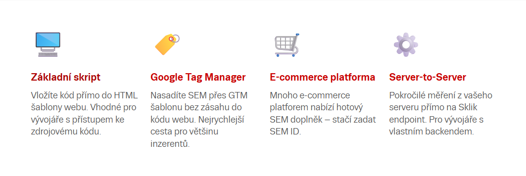 Přehled čtyř způsobů implementace Seznam Event Measurement – základní skript, Google Tag Manager, e-commerce platforma a server-to-server měření