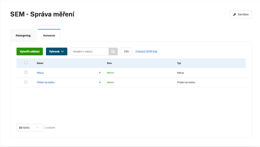 Screenshot správy měření Seznam Event Measurement (SEM) se záložkou Konverze a seznamem aktivních událostí Nákup a Přidání do košíku